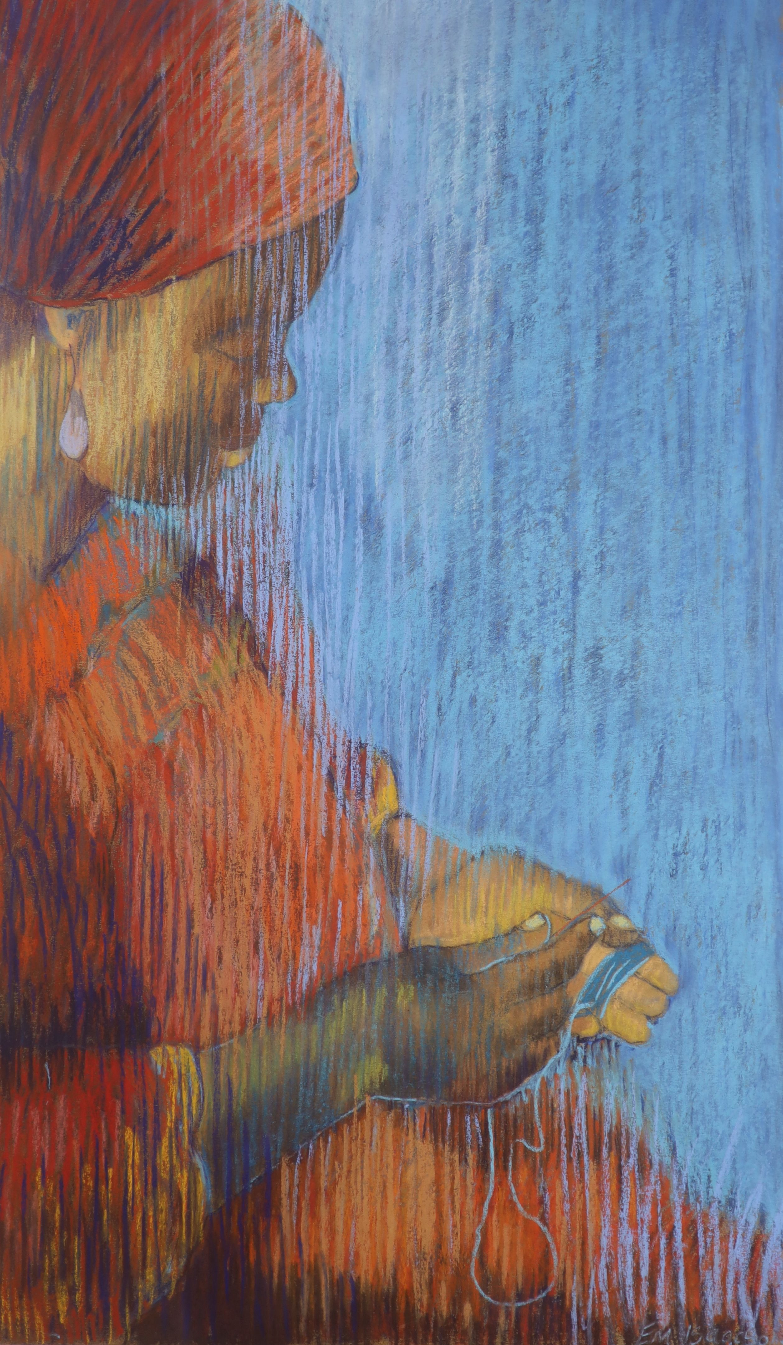 Em Isaacson, pastel on paper, 'Needlework', signed, 2005 Boundary Gallery label verso, 75 x 43cm